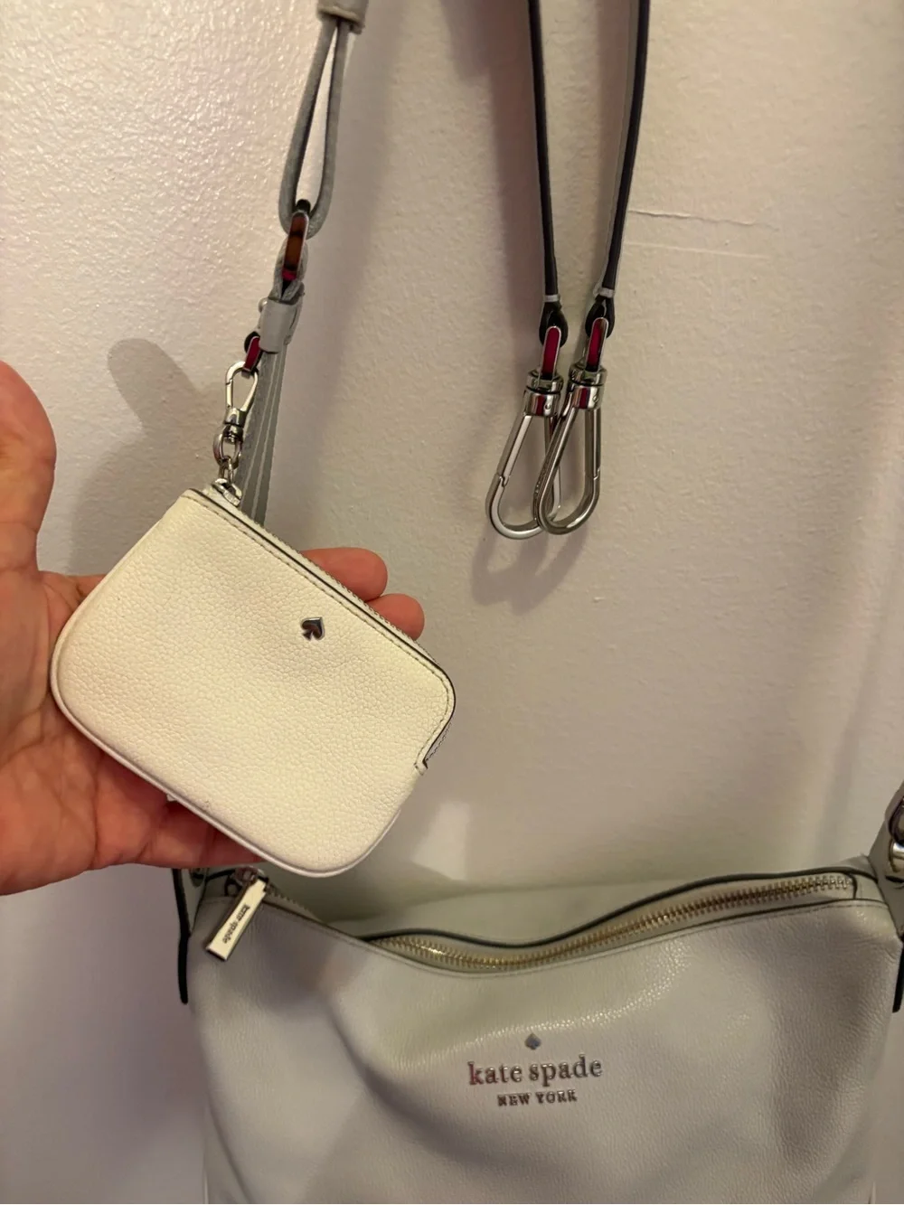 kate spade Pale Gray Pebbled Leather Shoulder Bag with Striped Strap
